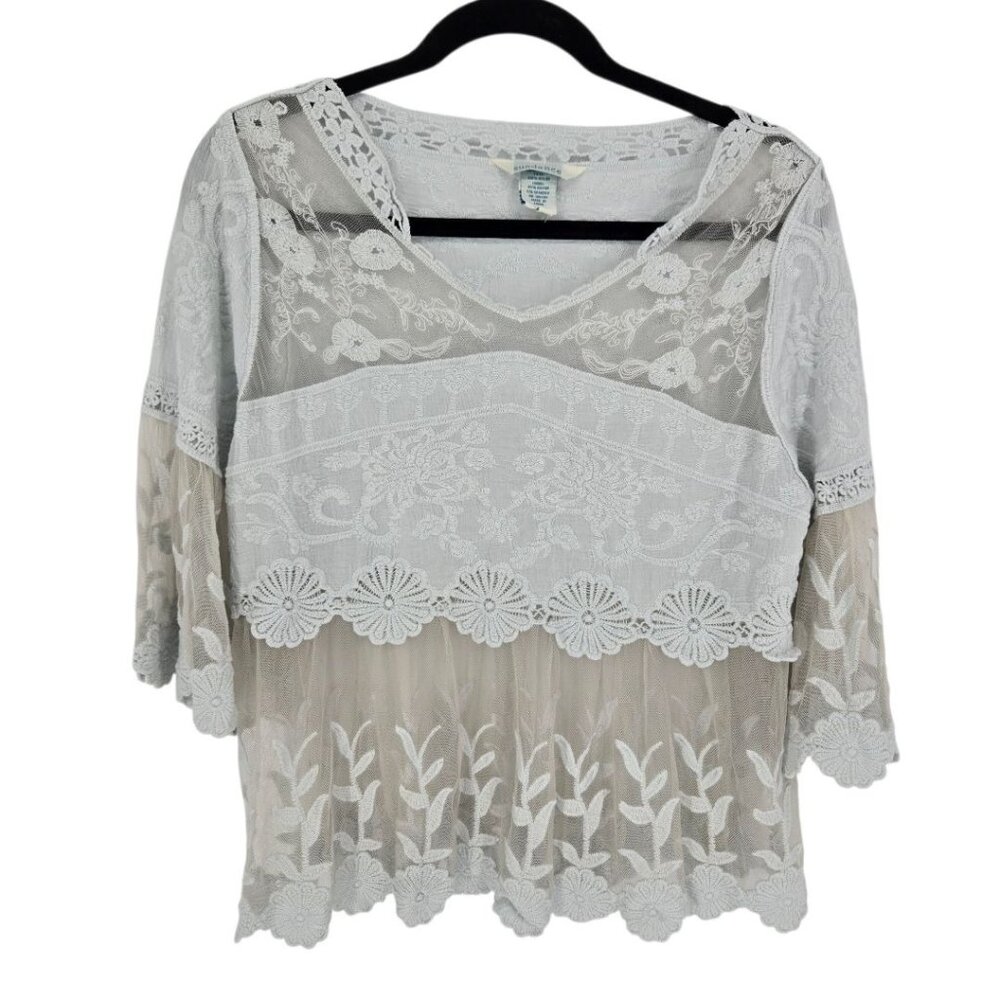Sundance womens size XL light blue semi sheer embroidered lacy boho blouse